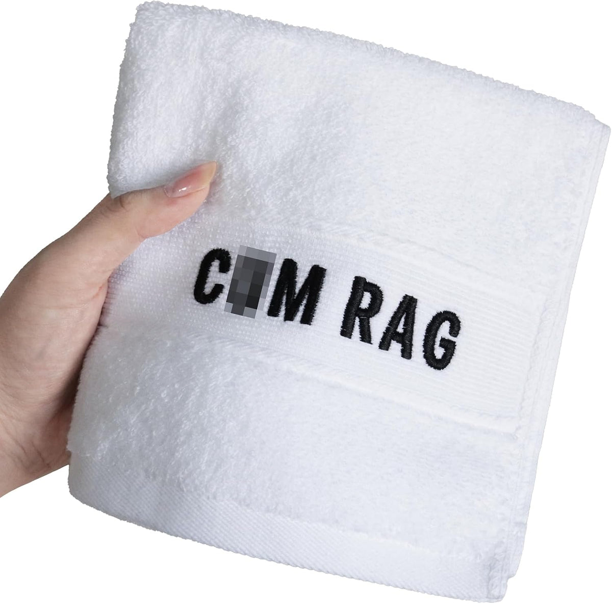 single white hand towel measuring 13.78 by 13.78 inches