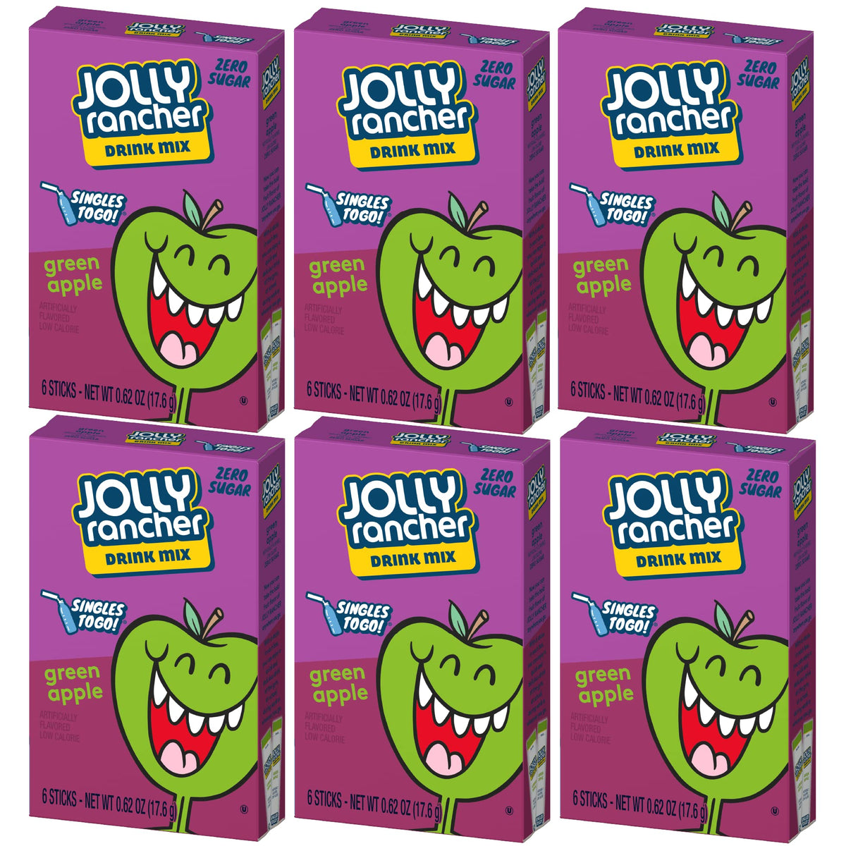 SINGLES TO GO! Jolly Rancher Green Apple, 6 Boxes with 6 Packets each, 36 total servings