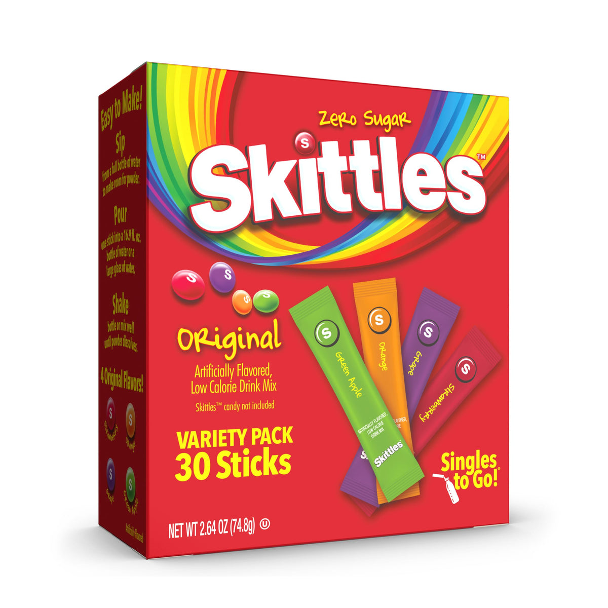 SINGLES TO GO! Skittles Low Calorie Drink Mix – Convenient Single Serve Powder Sticks for Commuters, Drivers, and Remote Workers
