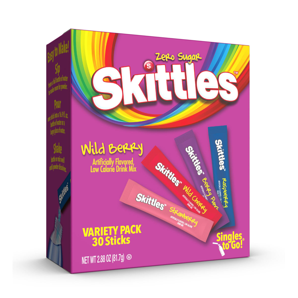 SINGLES TO GO! Skittles Low Calorie Drink Mix – Convenient Single Serve Powder Sticks for Commuters, Drivers, and Remote Workers