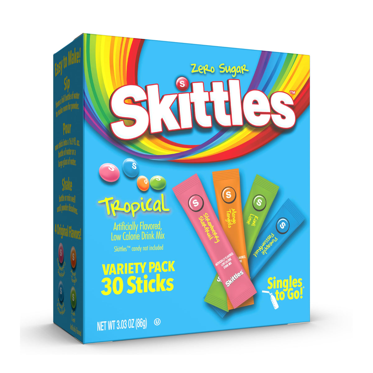 SINGLES TO GO! Skittles Low Calorie Drink Mix – Convenient Single Serve Powder Sticks for Commuters, Drivers, and Remote Workers