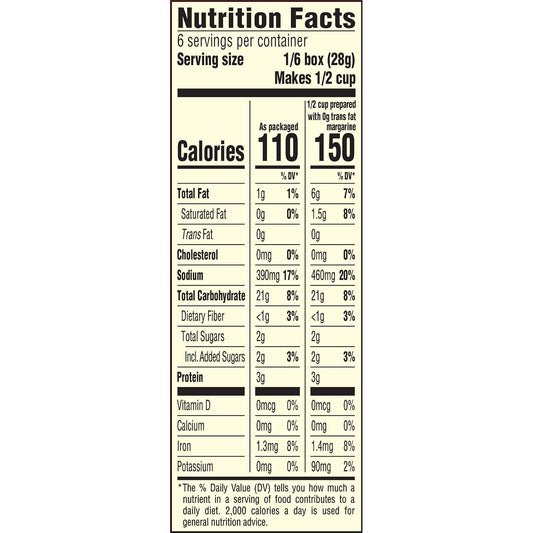 six 1/2-cup servings per box at 110 calories each
