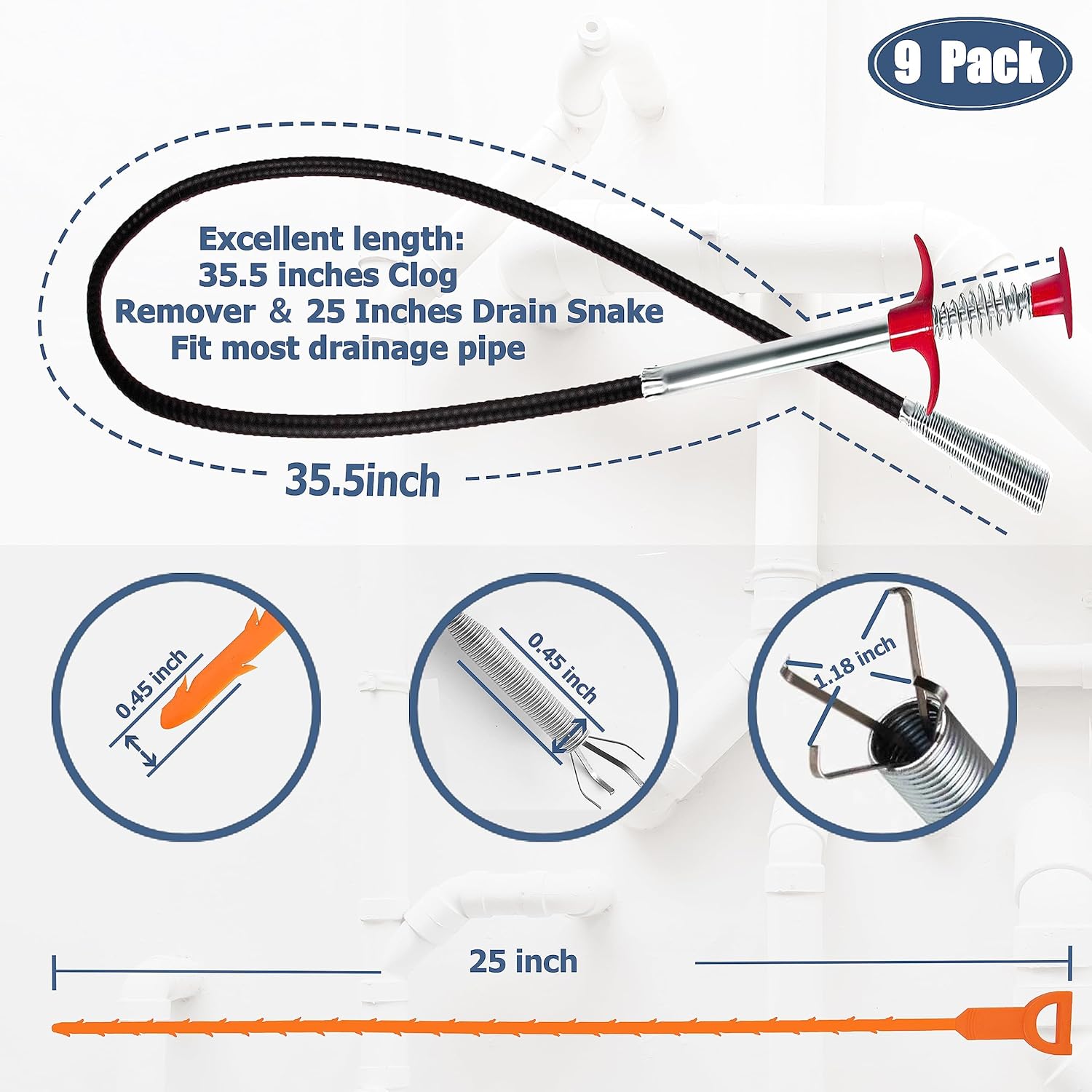 six 25-inch pp plastic drain snakes with micro hooked teeth for hair extraction