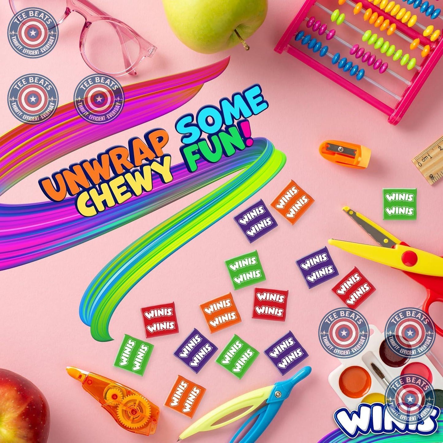 six+ assorted flavors: grape, cherry, lime, orange, raspberry, apple, and strawberry plus surprise flavors