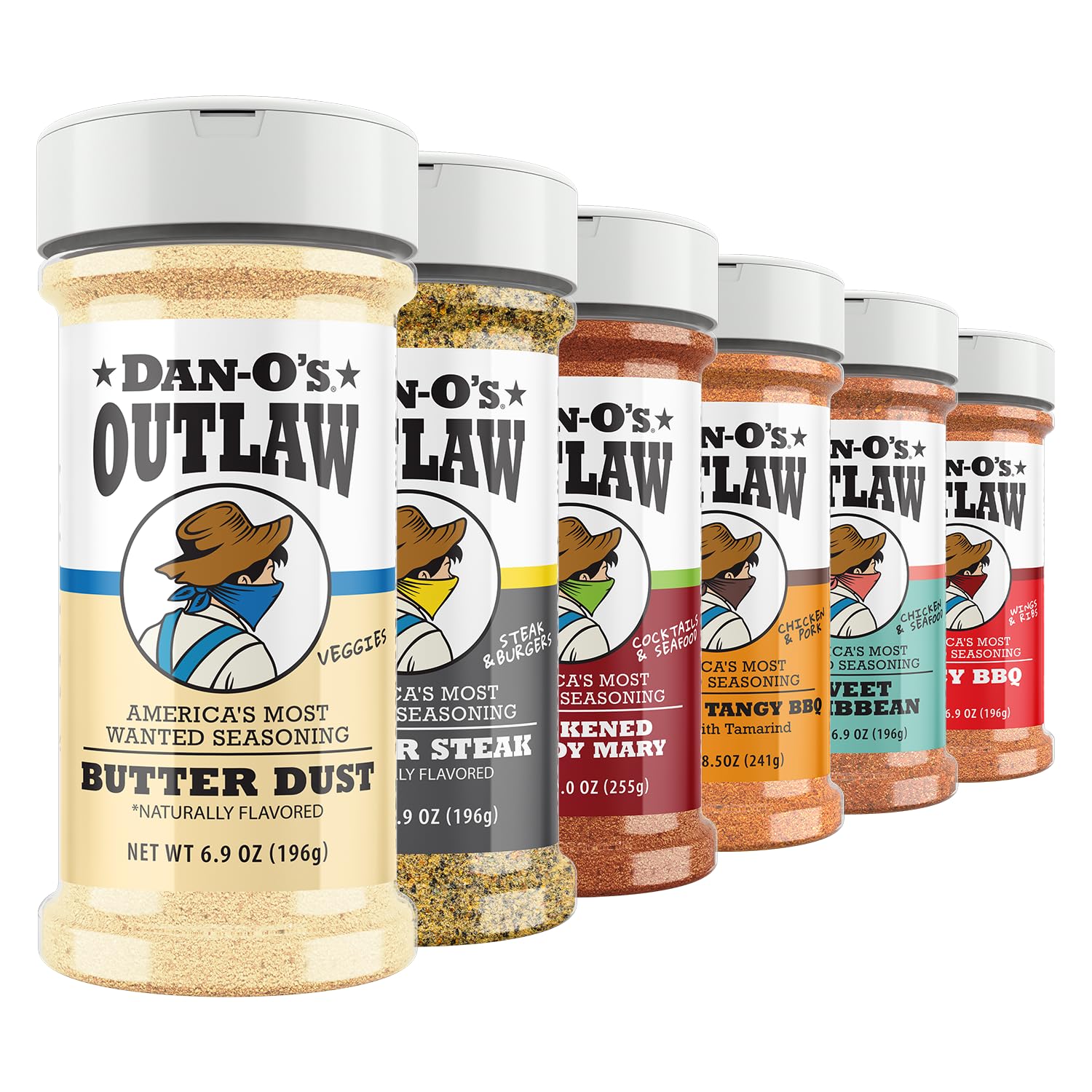 six-bottle set with butter dust, butter steak, spicy bbq, sweet caribbean, sweet & tangy bbq, and blackened bloody mary flavors