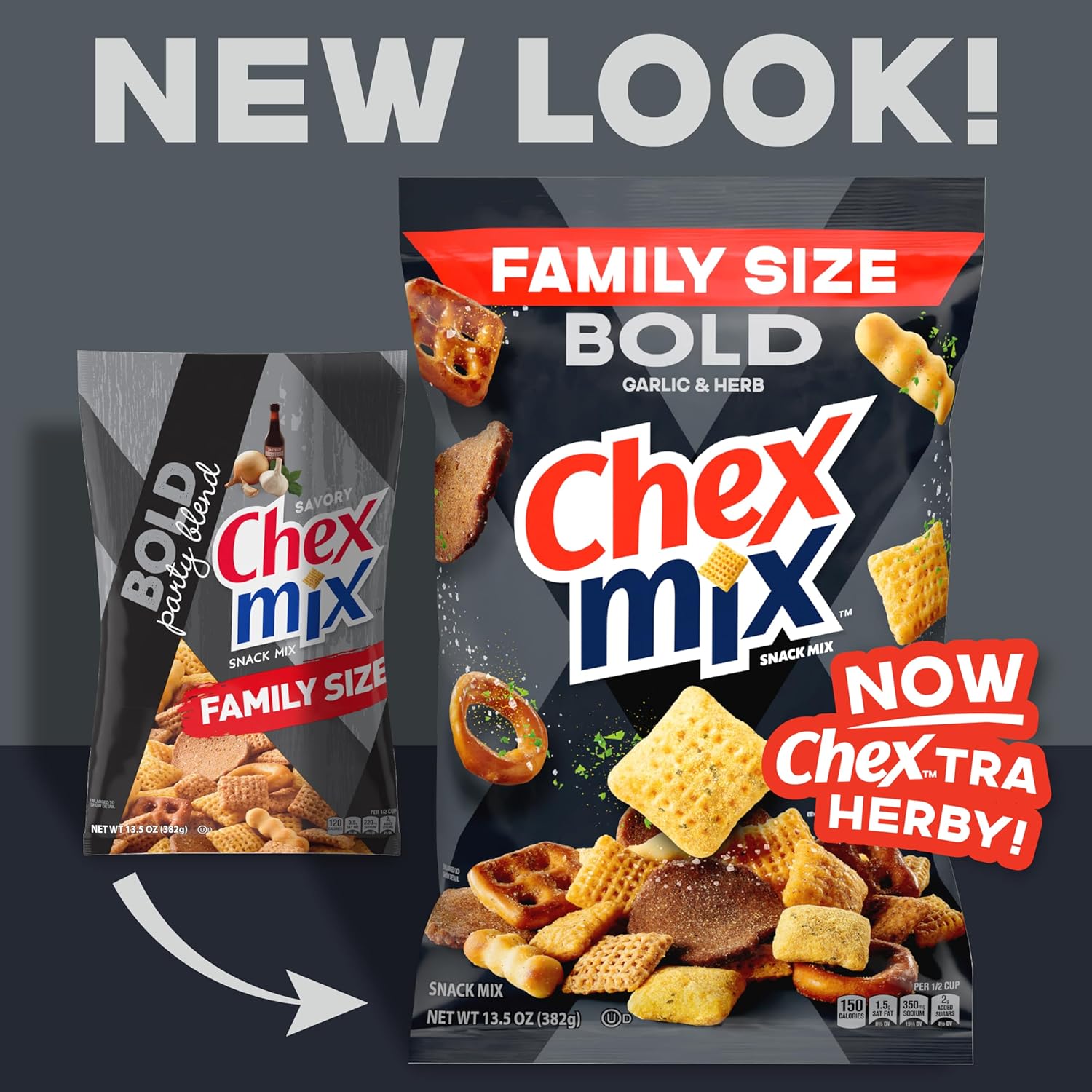 six component textures: garlic & herb chex, corn chex, wheat chex, rye chips, squiggle breadsticks, and two pretzel varieties