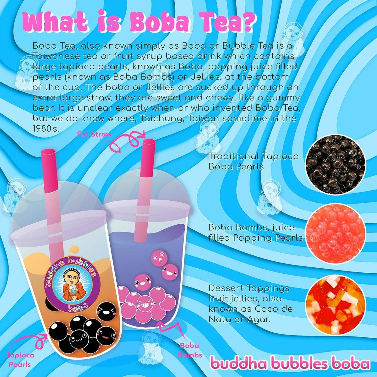 six flavor variants: matcha green tea, caramel, rainbow, taro, lychee, brown sugar