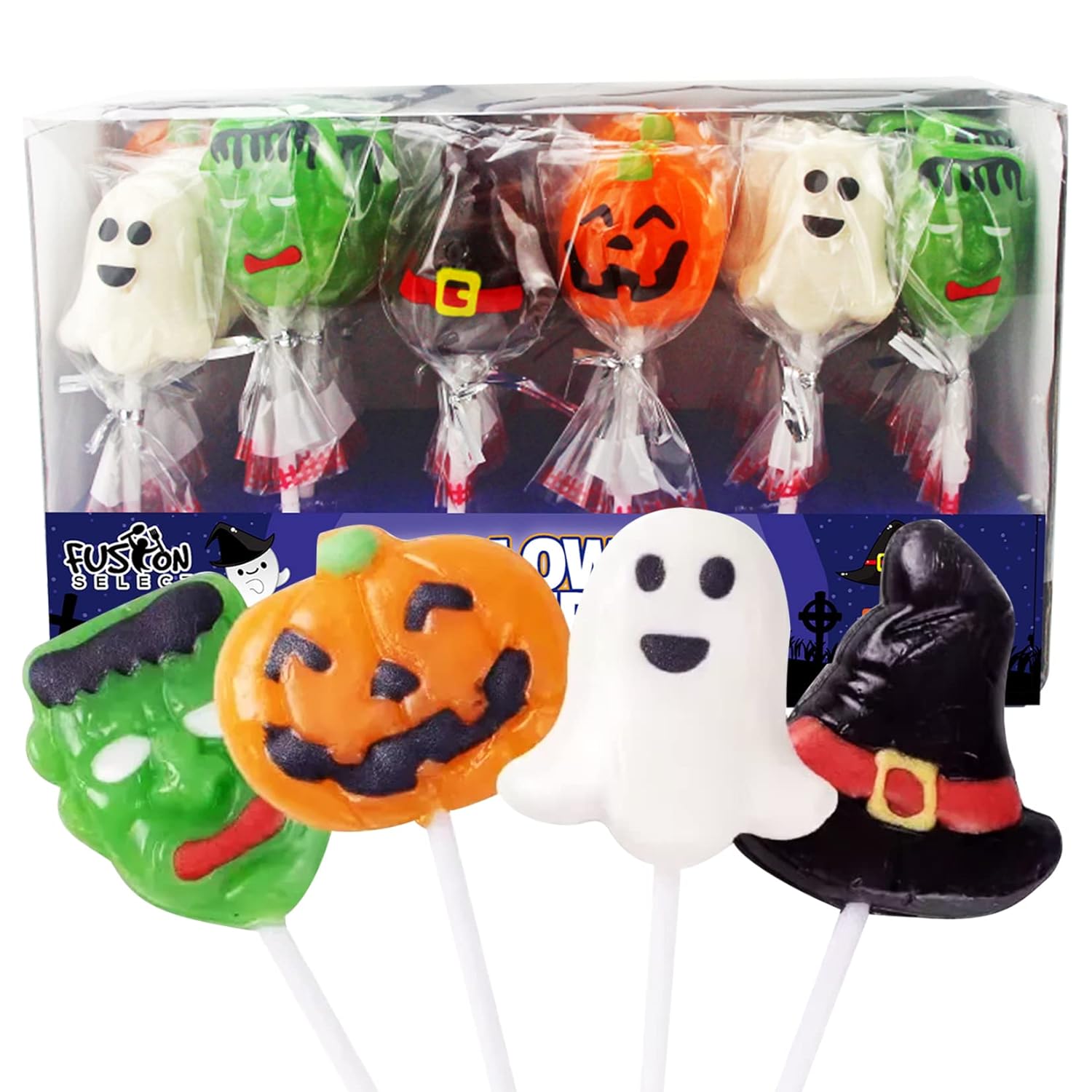 six halloween character designs including frankenstein's monster, jack o lantern, ghost, witch hat, alien and skull