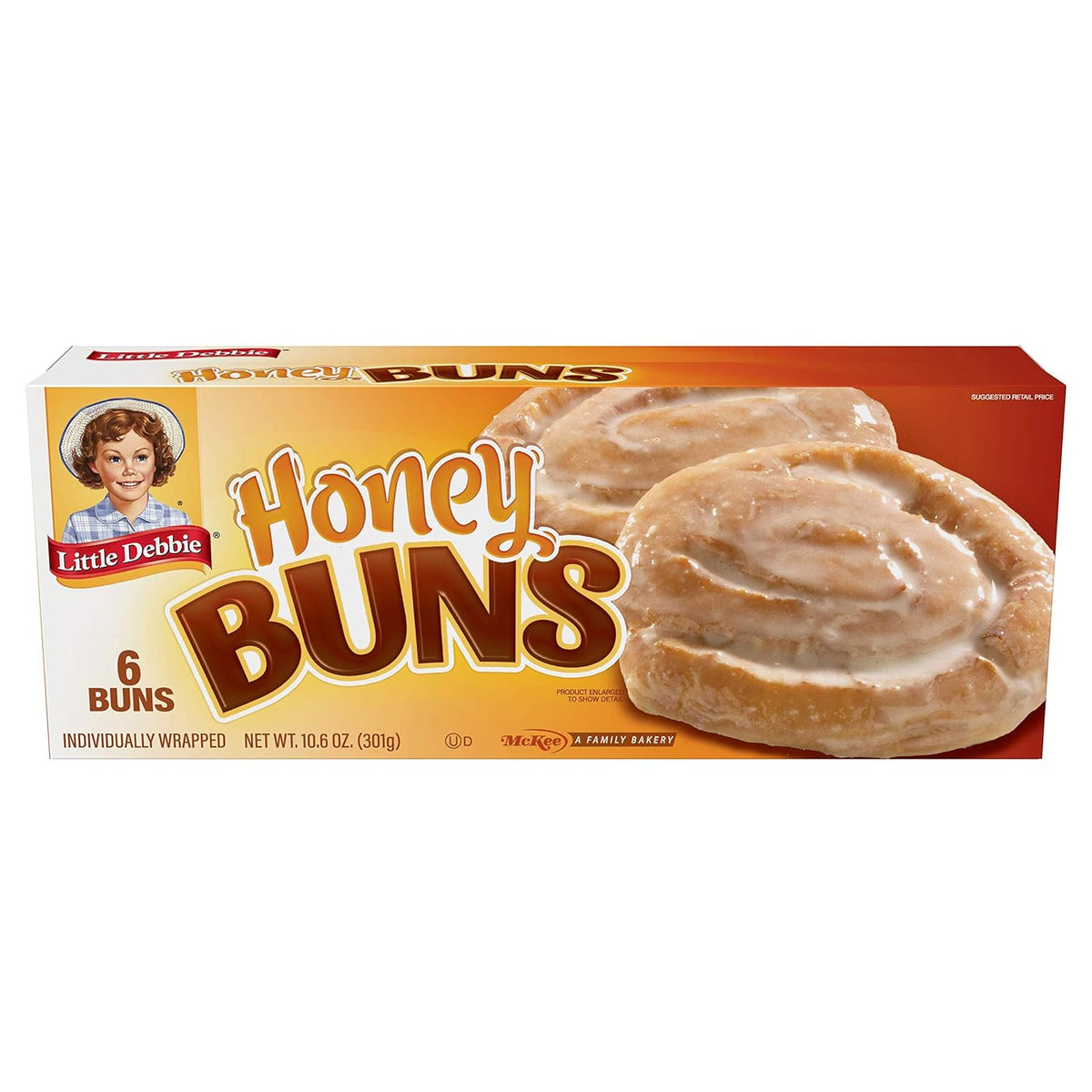six individually wrapped honey buns in a 10.6-ounce box