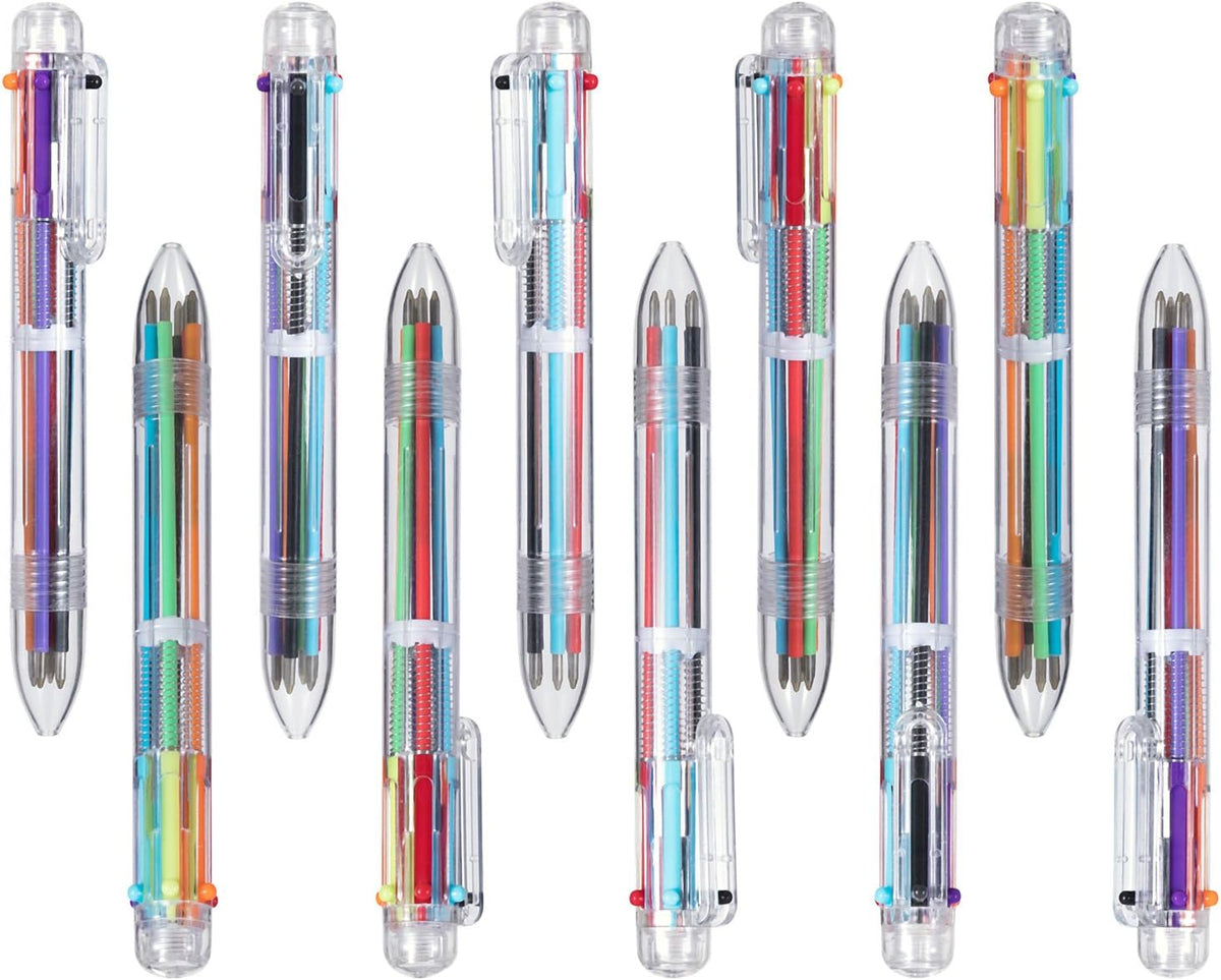 six ink colors in one barrel: black, blue, red, orange, green, purple
