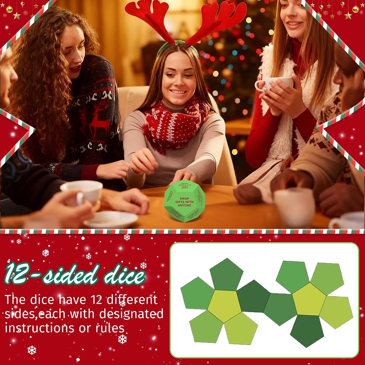 six product variants covering santa swap, food dice, music note, 3-pack quantity, and hilarious party versions