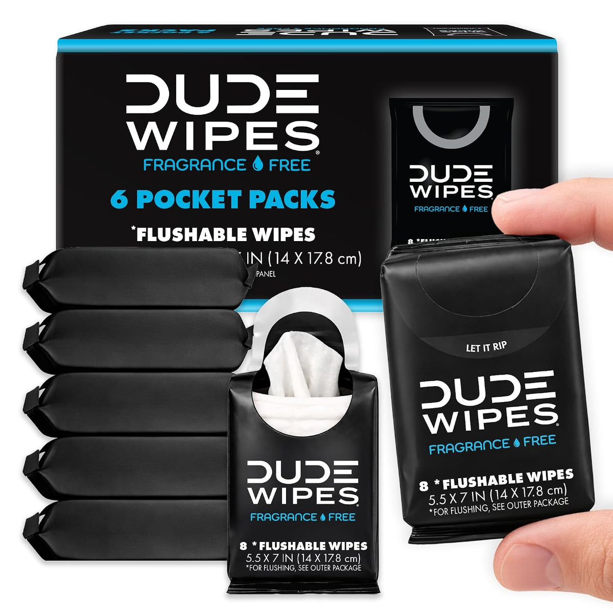 six resealable pocket packs of 8 flushable wipes each (48 total) with easy-dispensing design