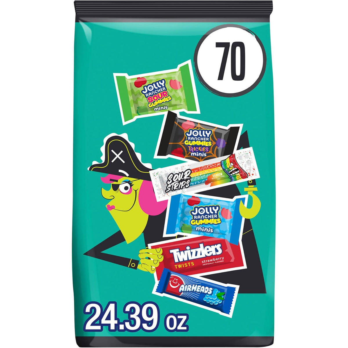 six-variety assortment: twizzlers twists, airheads minis, jolly rancher gummies, jolly rancher sour gummies, jolly rancher trickies gummies, and sour strips