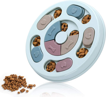 sliding-block puzzle mechanism that releases treats/kibble as the pet pushes parts with nose or paw