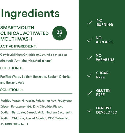 SmartMouth Activated Mouthwash – Clean Ingredient Daily Oral Rinse for Health-Conscious and Sensitive Users, 32 fl oz