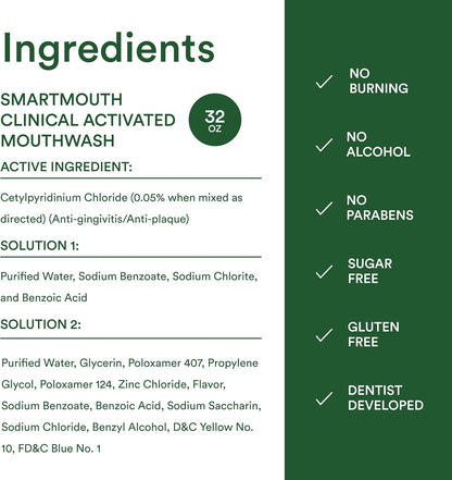 SmartMouth Activated Mouthwash – Clean Ingredient Daily Oral Rinse for Health-Conscious and Sensitive Users, 32 fl oz