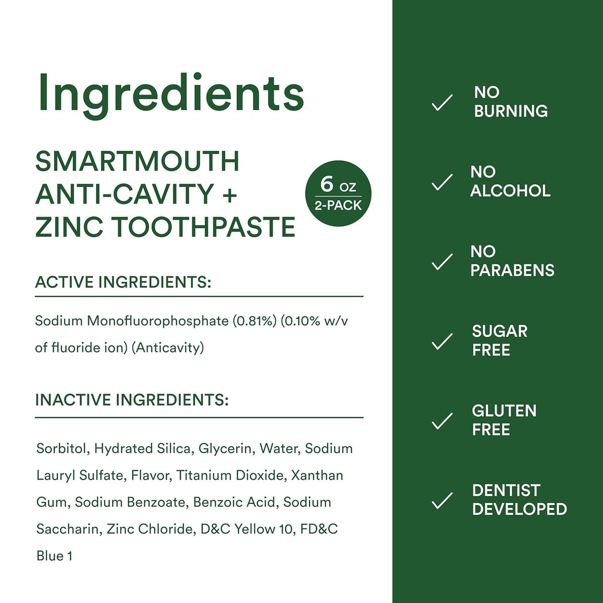 SmartMouth Premium Zinc Ion Toothpaste - Whitening - Gentle Enamel-Safe Whitening for Adults Avoiding Harsh Chemicals, 6 oz (2 Pack)
