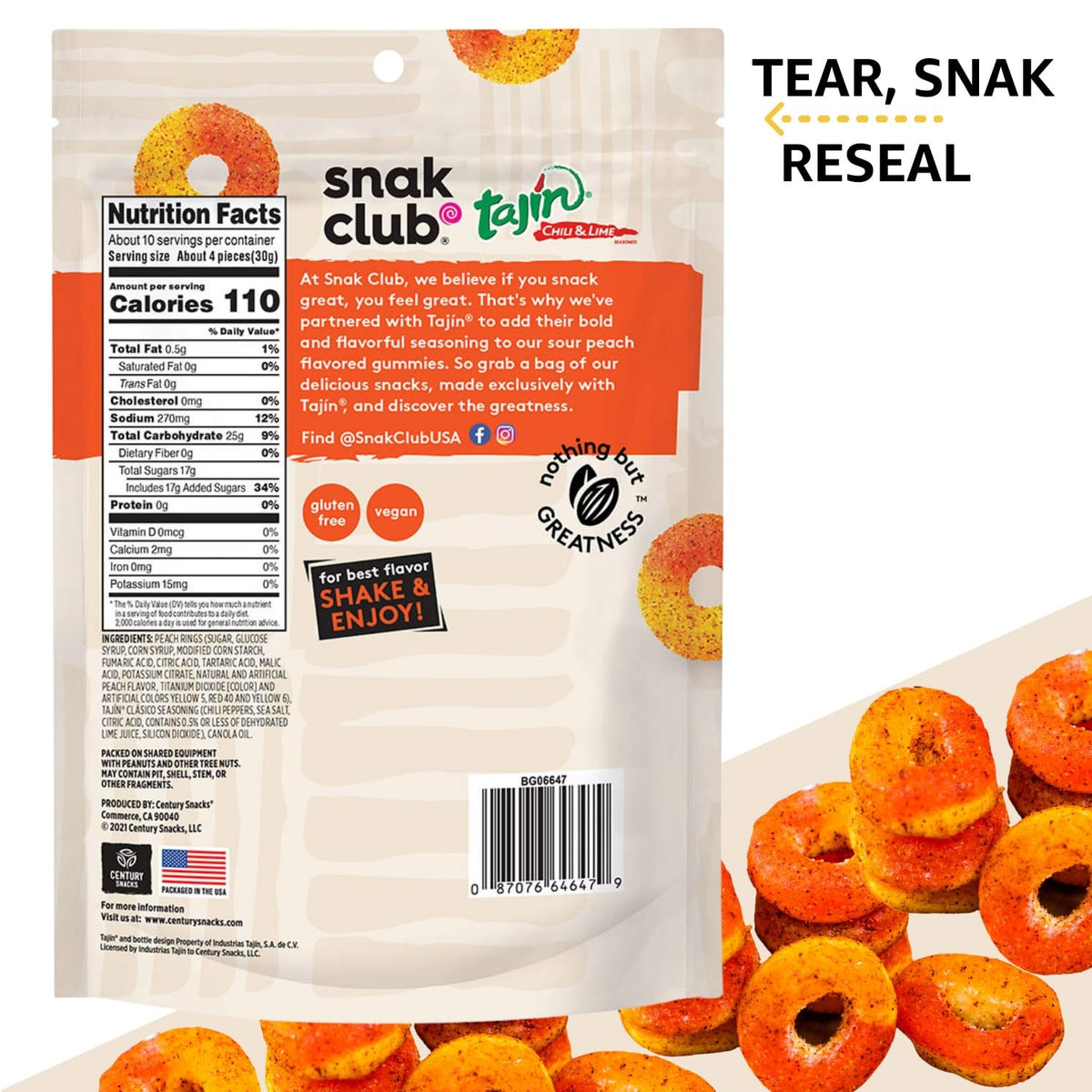 Snak Club Tajin Apple Rings Gummy Candy – Guilt-Free Office Desk Snack, Low-Fat Vegan and Gluten-Free Chili-Lime Gummies, 11 oz Resealable
