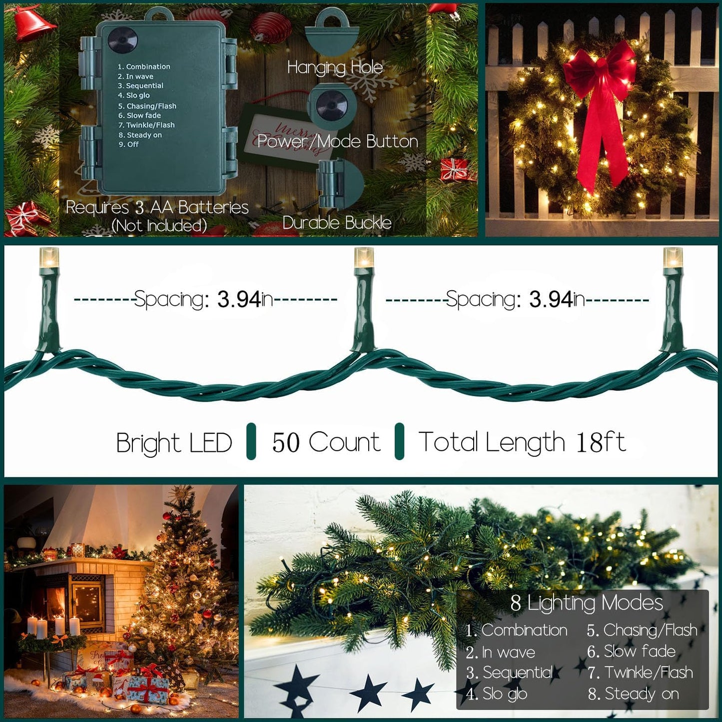 soft, bendable dark green cable that hides in foliage and holds shape on wreaths or banisters