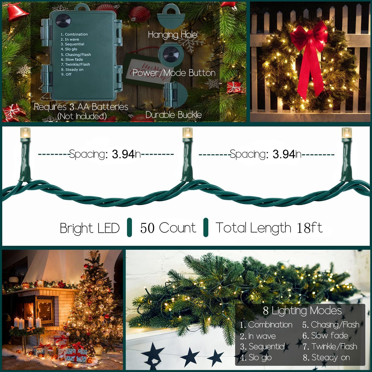soft, bendable dark green cable that hides in foliage and holds shape on wreaths or banisters
