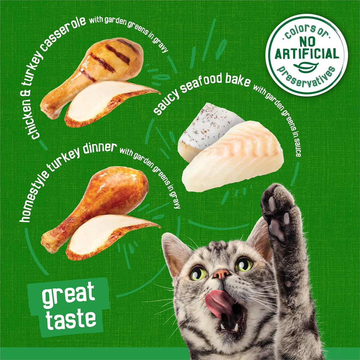 soft, moist, chunk-style wet food made with real poultry or seafood and accented with garden greens