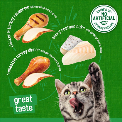 soft, moist, chunk-style wet food made with real poultry or seafood and accented with garden greens
