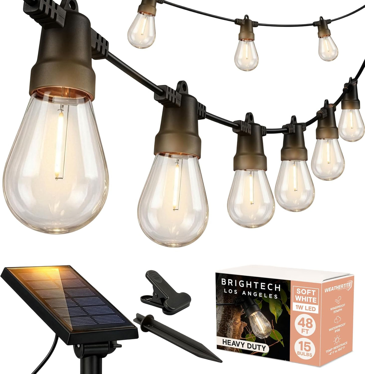 solar panel with detachable stake/clip and 1000-charge lifespan (~2.5 years) plus included lithium-ion battery