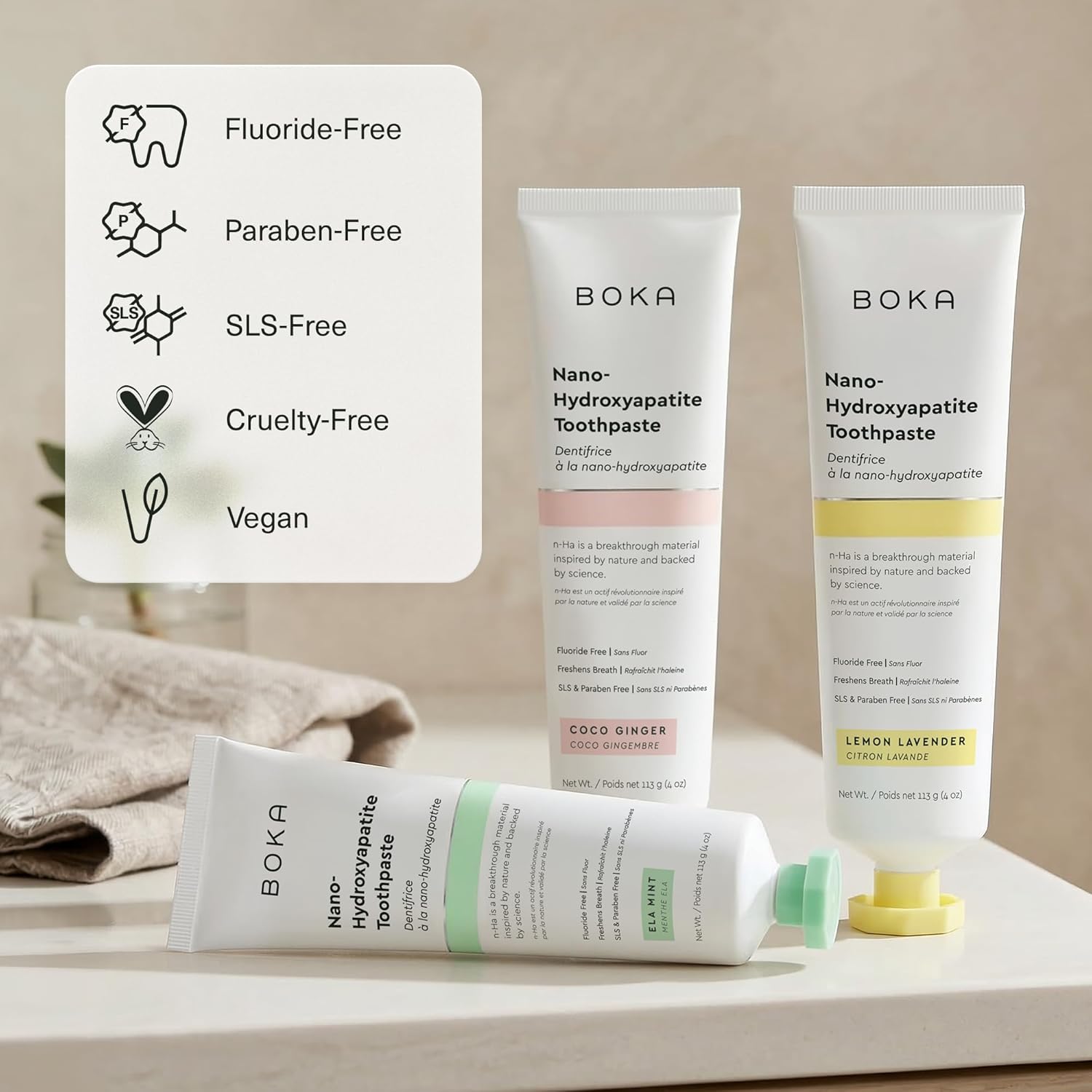 soothing secondary ingredients: aloe vera, xylitol, green tea, and mint