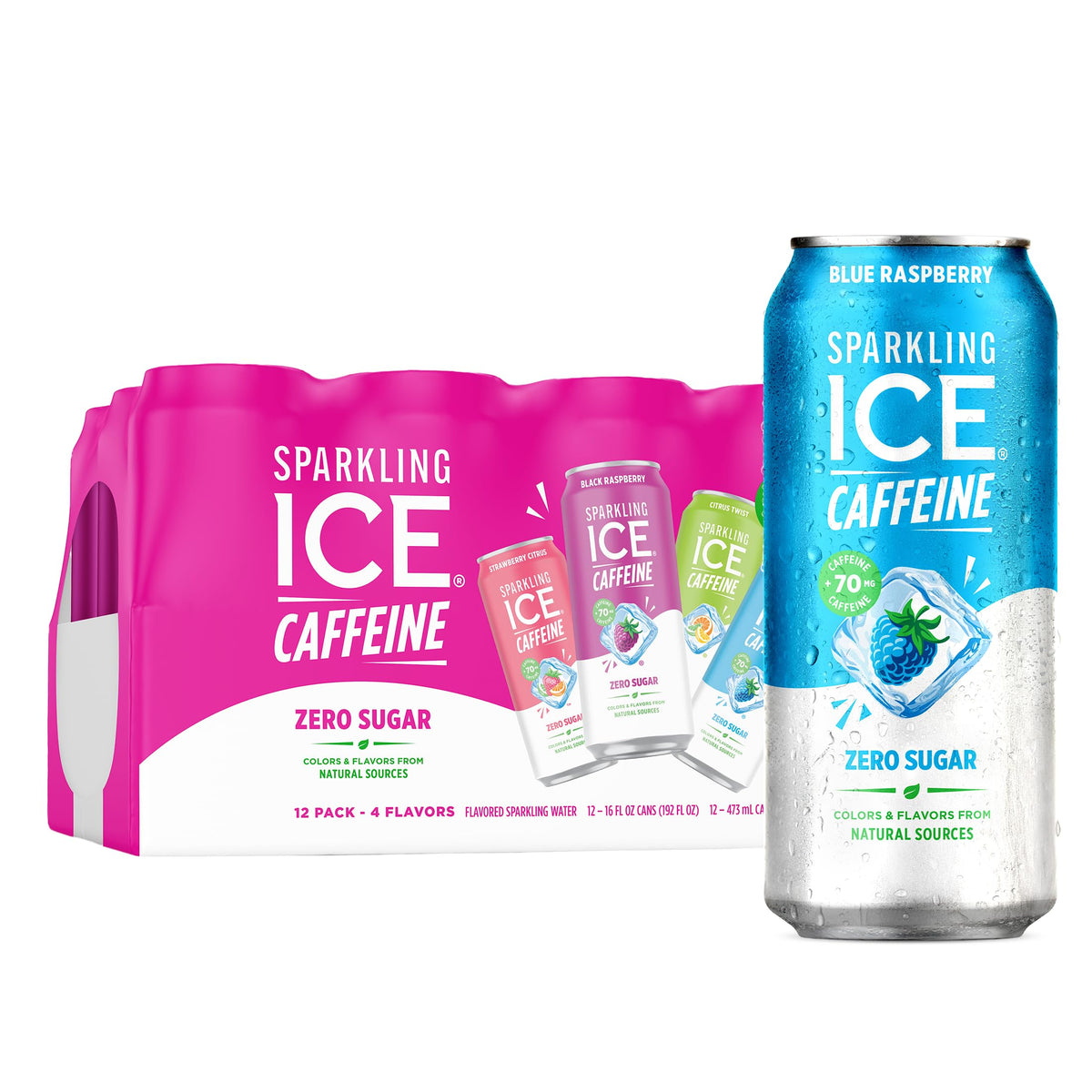 Sparkling Ice Caffeine Black Raspberry Sparkling Water for Calm Energy Lifestyle, Sugar Free Sparkling Drink for At-Home Mindful Moments