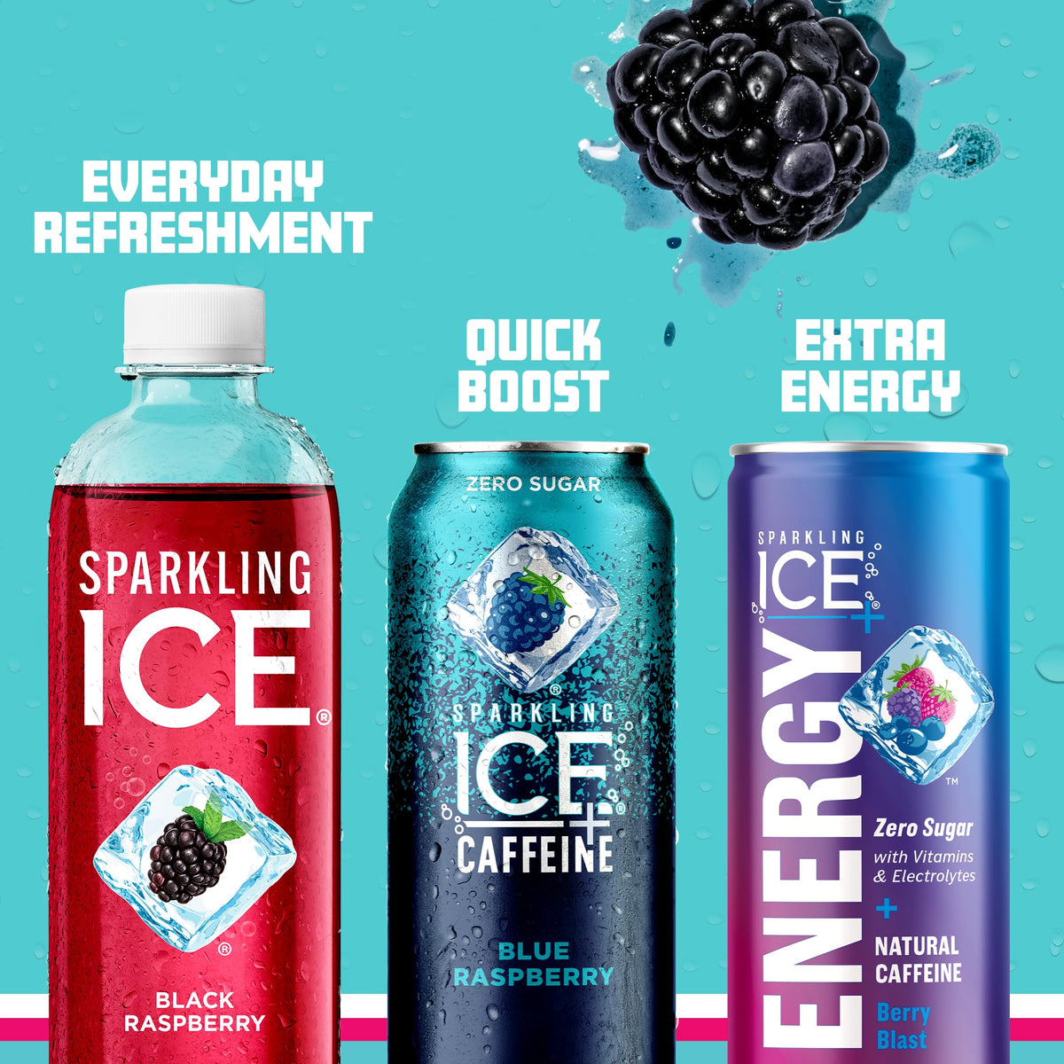 Sparkling Ice Caffeine Black Raspberry Sparkling Water for Calm Energy Lifestyle, Sugar Free Sparkling Drink for At-Home Mindful Moments