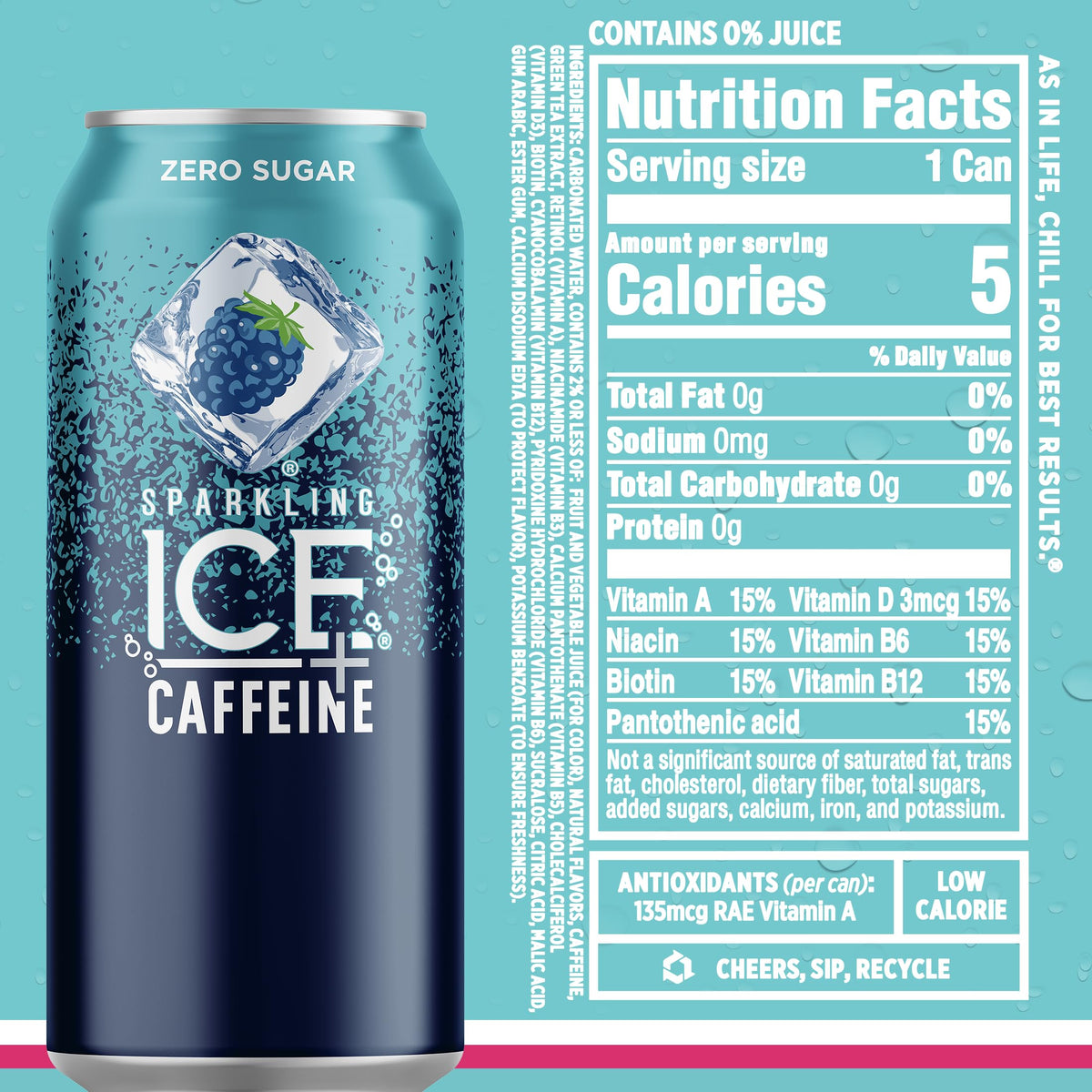 Sparkling Ice Caffeine Black Raspberry Sparkling Water for Calm Energy Lifestyle, Sugar Free Sparkling Drink for At-Home Mindful Moments