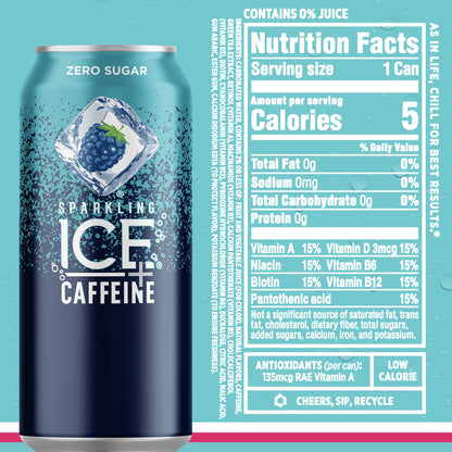 Sparkling Ice Caffeine Black Raspberry Sparkling Water for Calm Energy Lifestyle, Sugar Free Sparkling Drink for At-Home Mindful Moments