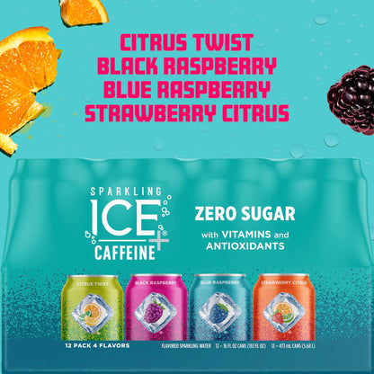 Sparkling Ice Caffeine Black Raspberry Sparkling Water for Calm Energy Lifestyle, Sugar Free Sparkling Drink for At-Home Mindful Moments