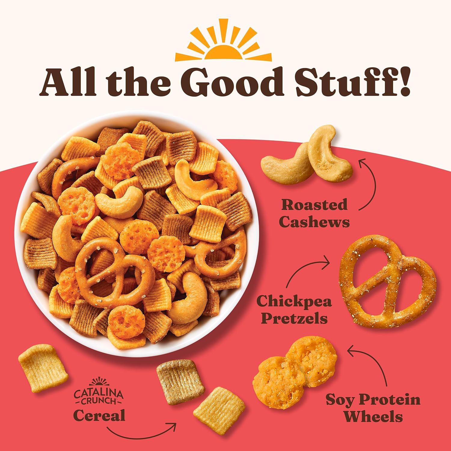 spicy kick flavor with hot-pepper seasoning and cashews, chickpea pretzels, cheese crisps, and catalina cereal