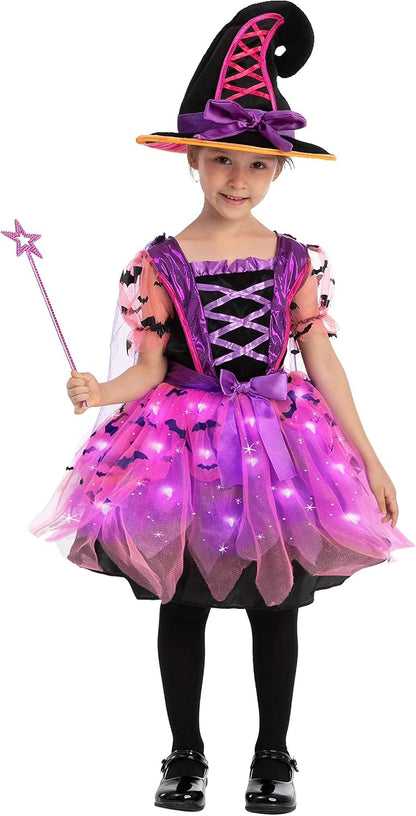 Spooktacular Creations Witch Costume with Hat, Skirt, and Light Up Broom – Memorable Holiday Gift for Girls on Halloween and Fall Birthdays