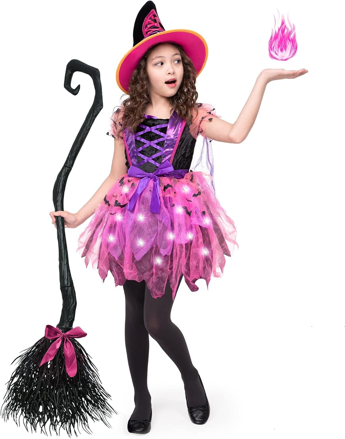 Spooktacular Creations Witch Costume with Hat, Skirt, and Light Up Broom – Memorable Holiday Gift for Girls on Halloween and Fall Birthdays