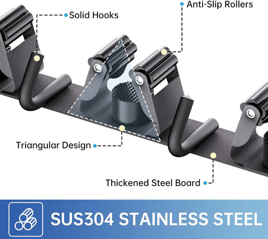 spring-loaded rubber rolling ball clamps that grip handles from 0.7" to 1.3"