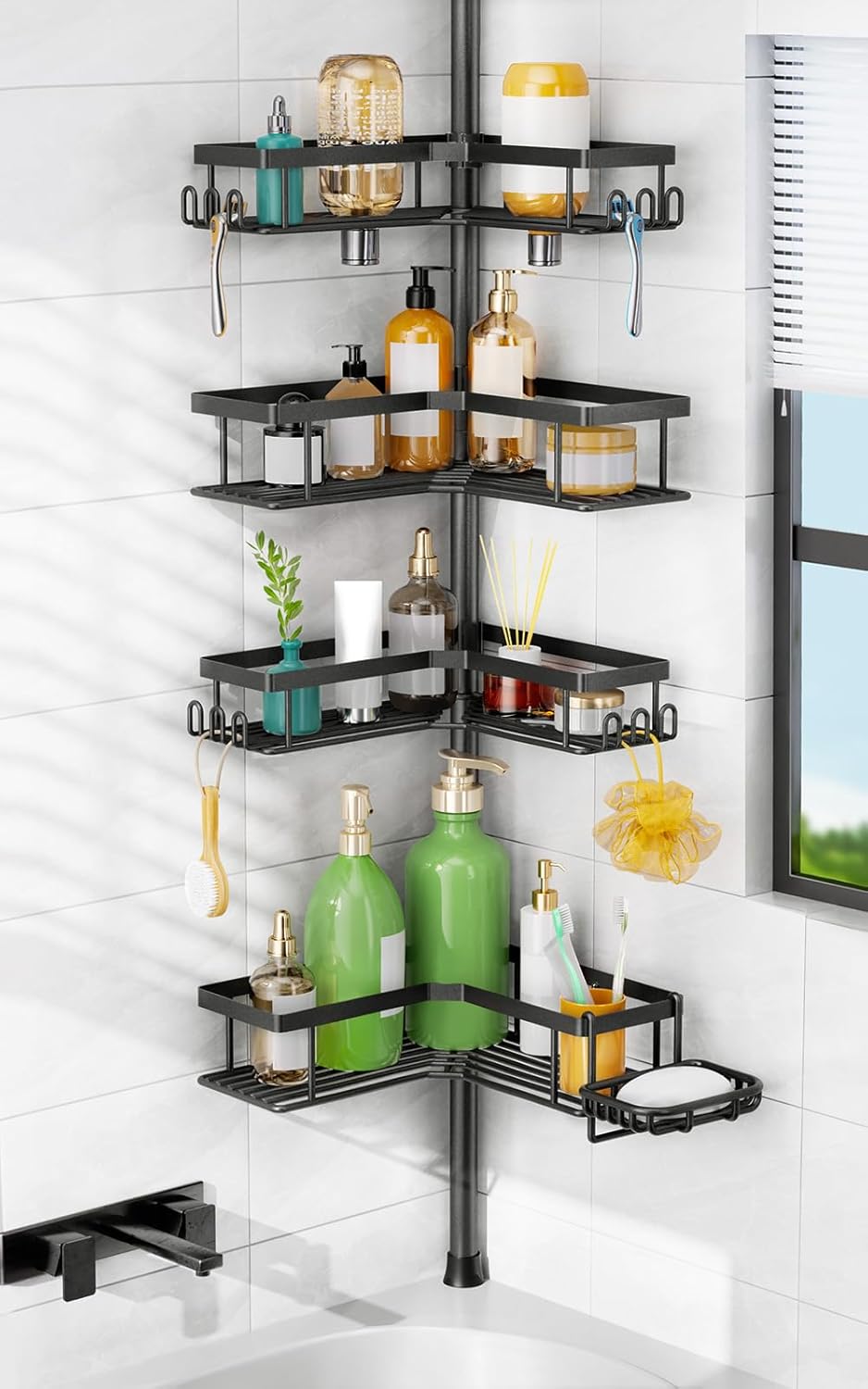 spring-tension floor-to-ceiling pole mount (no tools, no drilling, 47.71"–123.6" adjustable)