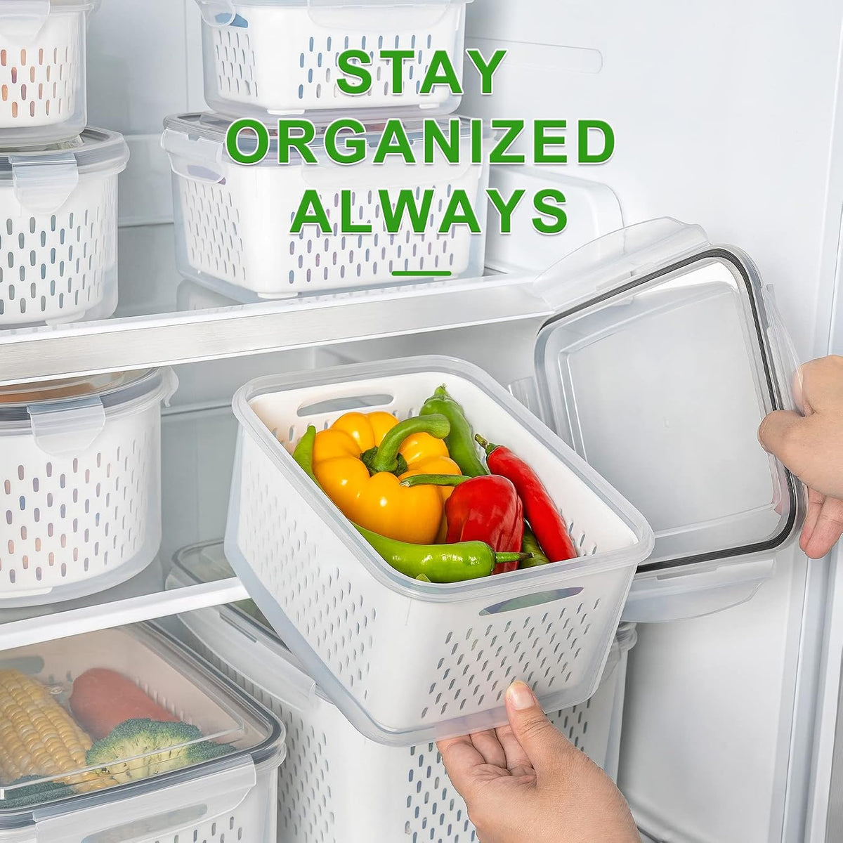 stackable rectangular form factor for vertical fridge organization