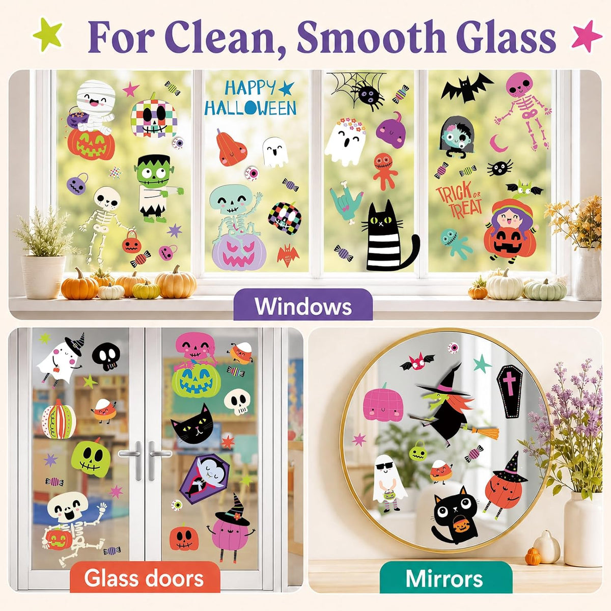 Contemporary Halloween Window Decals Set – 9 Reusable Static Cling Sheets, Sleek Festive Home Touch