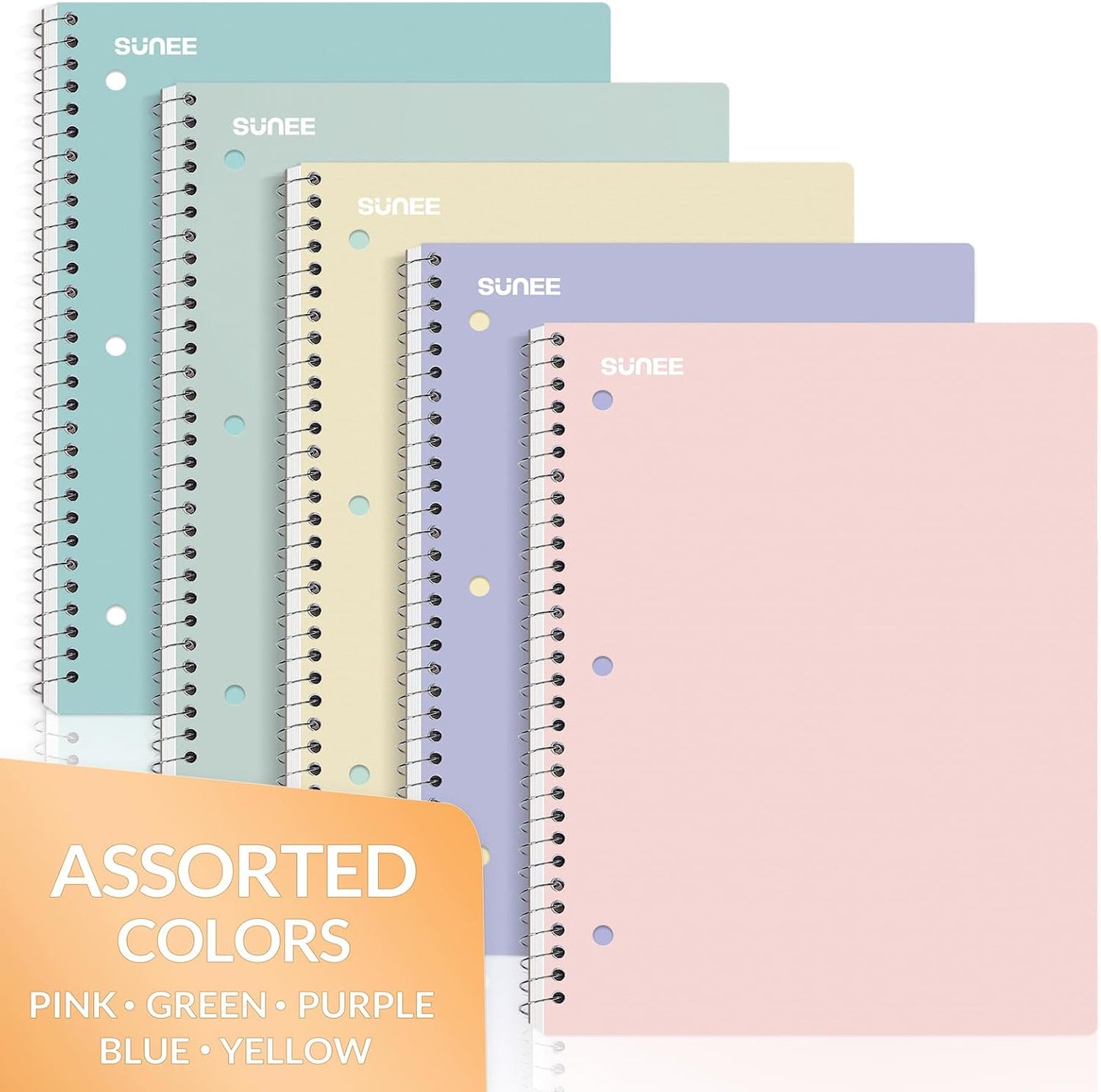 SUNEE Spiral Notebooks 5-Pack – Tear-Out College Ruled Pages for Filing in 3-Ring Binders, Work and Office