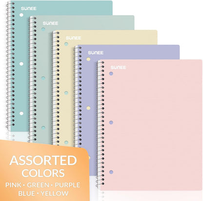 SUNEE Spiral Notebooks 5-Pack – Tear-Out College Ruled Pages for Filing in 3-Ring Binders, Work and Office