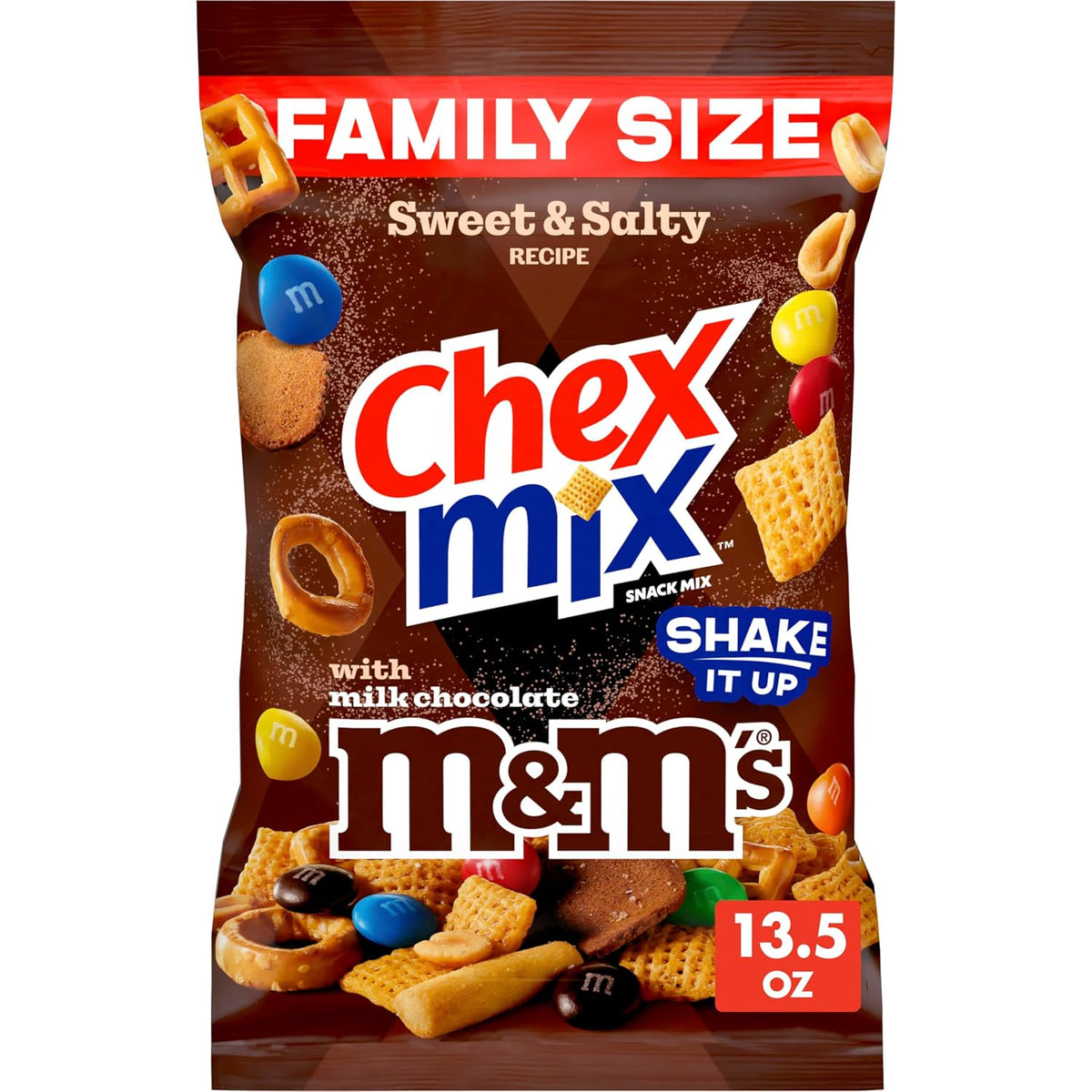 sweet-and-salty recipe containing m&m's milk chocolate candies, corn chex, vanilla-flavored breadsticks, pretzels, peanuts, and rye chips