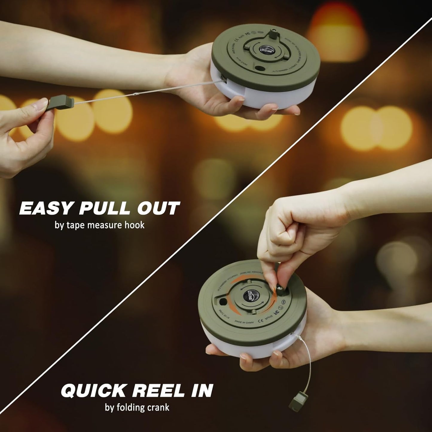 tape measure hook extension and folding crank reel for compact, tangle-free storage