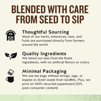 tea bags without strings, tags, or staples, packed in 100% recycled paperboard (35% post-consumer content)
