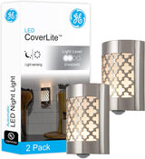 GE CoverLite Moroccan LED Night Light, Brushed Nickel Plug-in Decor for Bedroom and Living Room, Dusk to Dawn Wall Outlet Accent Light, 2 Pack