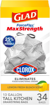 Glad ForceFlex MaxStrength 13 Gal Garbage Bags — Simple, Reliable Liners in a Single 90-Count Value Pack for Less-Less-More Kitchens, Lemon Fresh Bleach