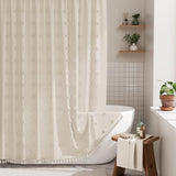 AmazerBath Boho Shower Curtain – Modern Farmhouse Bathroom Decor with Tassels, Faux Linen Green Striped 72x72 Shower Curtain Set with Hooks