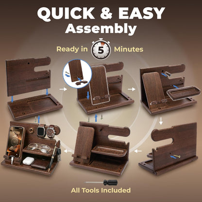 TESLYAR Wood Phone Docking Station for Men – Home Office Desk Organizer That Keeps Phone Upright and Watch Visible for Focused Work Sessions
