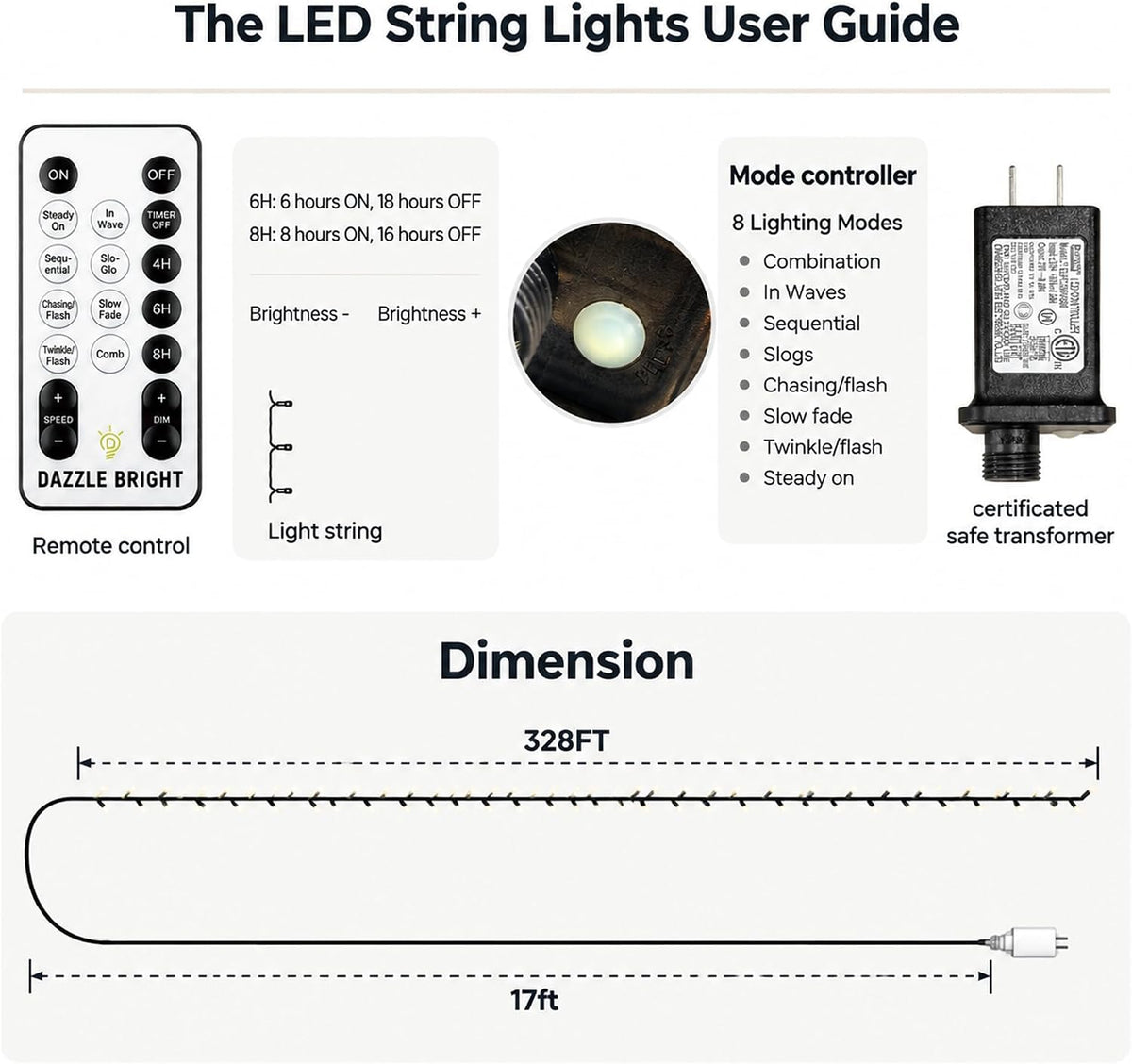 the 1000-led warm-white model has 328 feet of illuminated wire, a 17-foot lead cord, and 3.9-inch bulb spacing